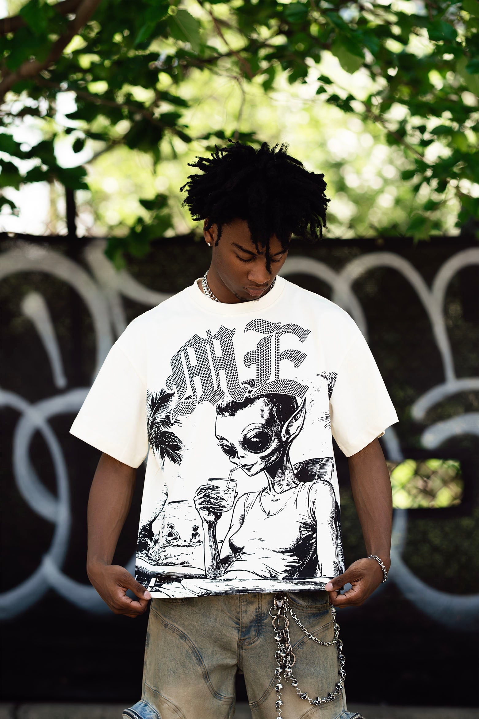 Cream “Beach” Rhinestone Tee